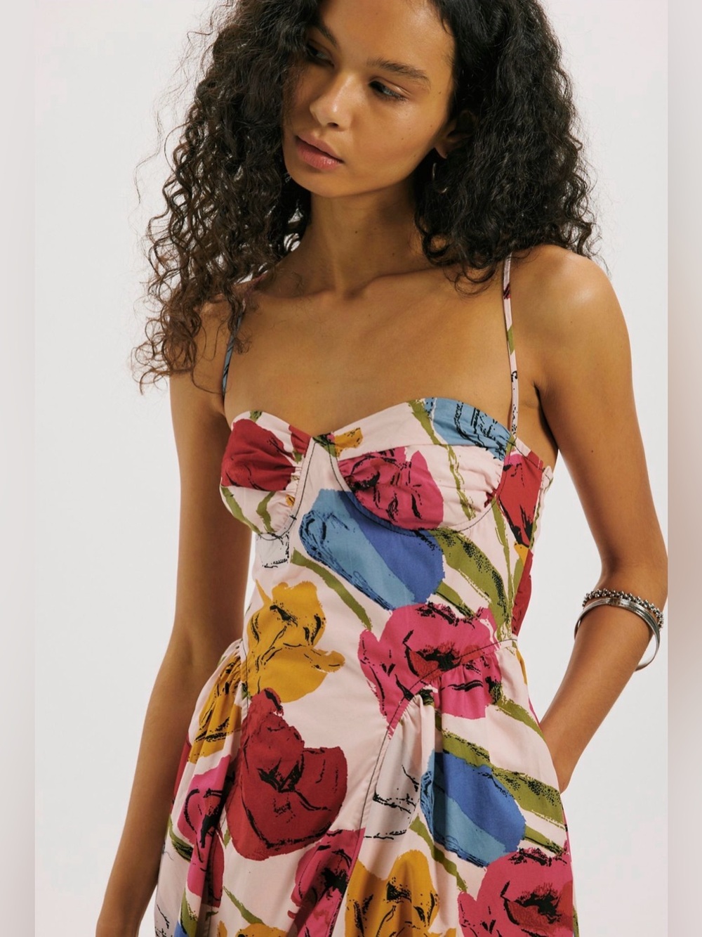 Free People Floral Midi Dress in Pink with Red, Yellow & Blue Blooms - Picture 4 of 5